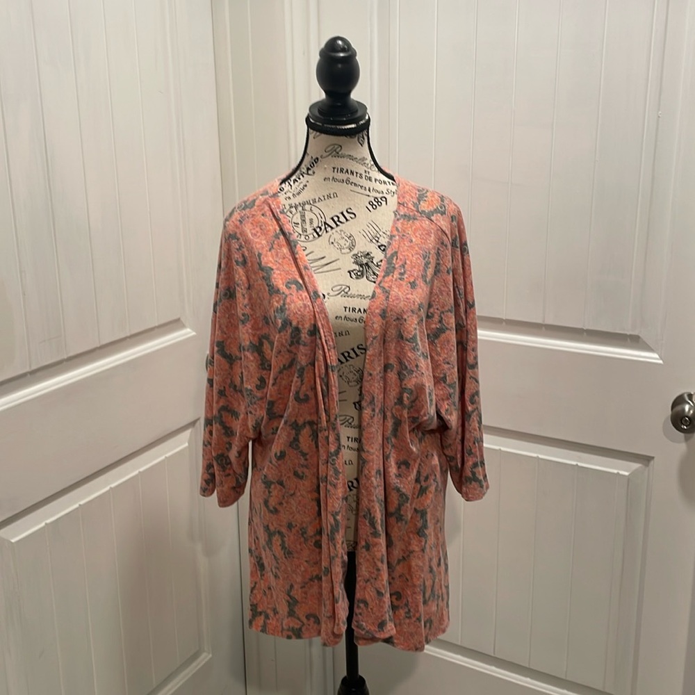 LulaRoe Black Coral and Purple Mid Sleeve Cardigan Size L